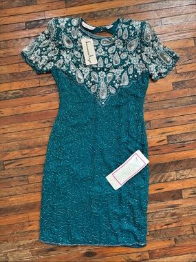 Vintage Deadstock Laurence Kazar Teal Cocktail Dress with Silver Beaded Yoke